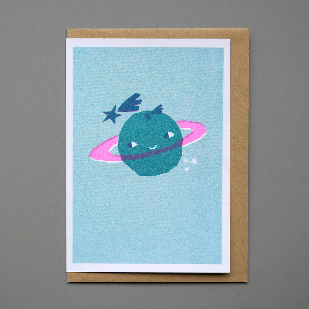 Saturn Riso Printed Greeting Card