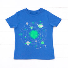 Load image into Gallery viewer, Blue organic cotton t-shirt with planets print