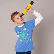 Load image into Gallery viewer, Blue organic t-shirt with planets print